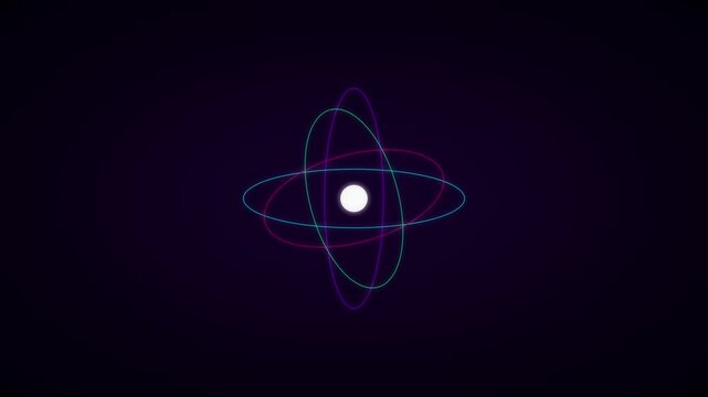 Neon atom model rotating with glowing orbital rings, abstract science and technology 4k background, animation for physics, and research concepts
