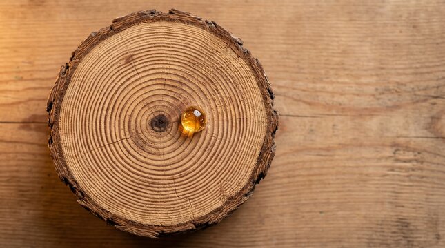 Close up of a tree stump cross section with a single amber drop of resin on its surface and wood grain background