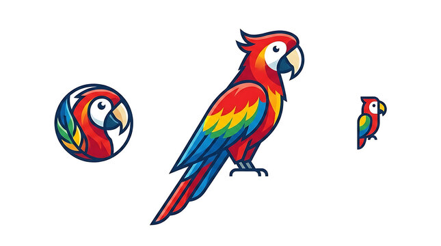 Vibrant parrot illustration vector design featuring a colorful exotic macaw bird mascot, perfect for branding, creative logo identity, and minimalist icon elements on a clean white background.