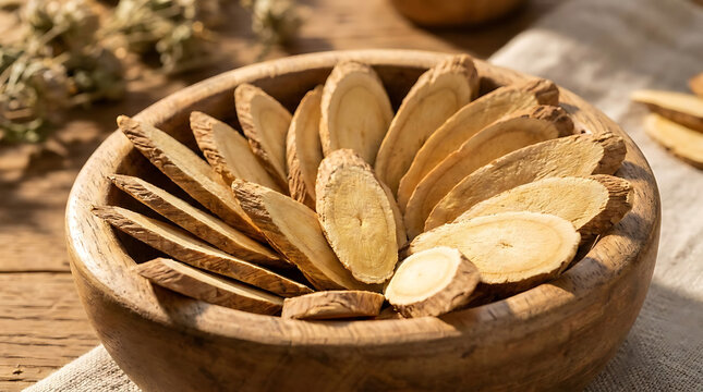 Dried licorice root glycyrrhiza glabra slice neatly arranged in a rustic wooden bowl with light golden tones and smooth texture on a neutral surface for traditional herbal medicine concept.