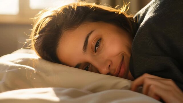 Smiling Young Woman Waking Up in Warm Morning Light with Gentle Eye Contact
