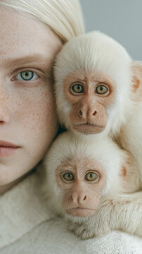 Close-up portrait of a young albino woman with freckles gently holding two cute white capuchin monkeys, exotic animal friendship concept.
