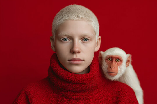 triking portrait of a young albino person with short hair in a bright red sweater, holding a white monkey on their shoulder against a solid red background.