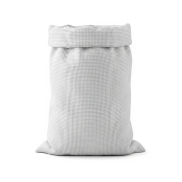 A clean white burlap sack mockup isolated on a plain white background, ideal for agricultural, industrial, or grocery design presentations.