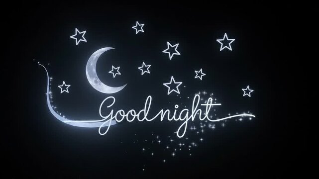 Good night glowing text animation, celestial moon and stars background, magical silver light effect on black backdrop, bedtime greeting video