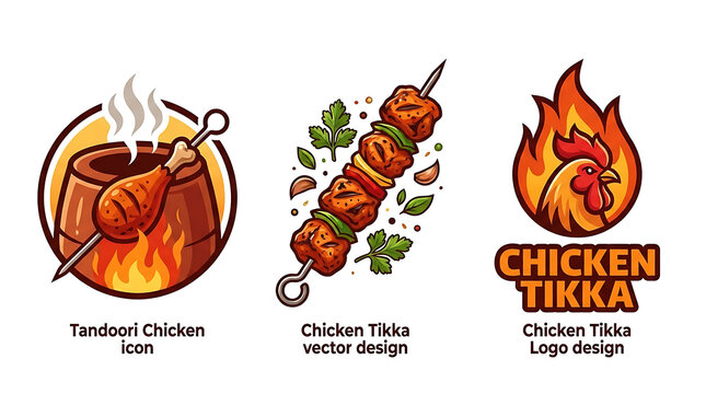 Minimalist Vector Icon of Spiced Tandoori Chicken Tikka Skewer with Flame Element, Gourmet Indian Cuisine Logo Design for Restaurant Branding and Traditional Desi Food Menu Graphic.
