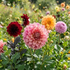A vibrant tapestry of dahlias in full bloom, showcasing a spectrum of colors from deep crimson to soft pink and sunny orange, set against a backdrop of verdant foliage and other garden blooms. © Wellington