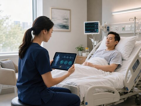 Electronic health record system accessible via mobile tablet during a bedside patient consultation in a bright inpatient care unit.
