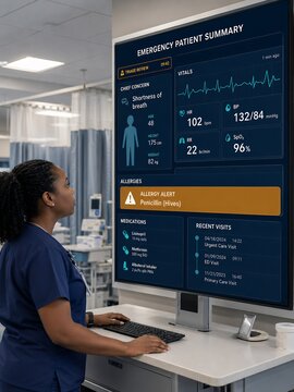 electronic health record system displaying emergency patient summary with triage review and vitals on a hospital dashboard