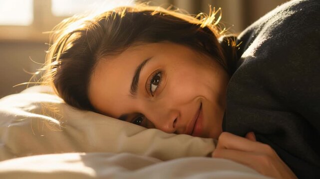 Smiling Young Woman Waking Up in Warm Morning Light with Gentle Eye Contact