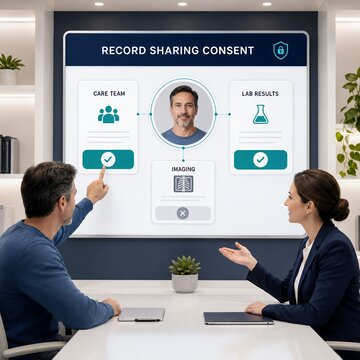 Electronic health record system interface highlighting secure record exchange and medical data privacy features during a hospital review.