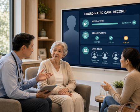 Electronic health record system interface supporting care coordination and medication management within a modern hospital consultation room.