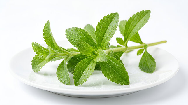 Fresh stevia leaves with water droplets on a white plate. A natural low-calorie sweetener plant widely used as a healthy sugar alternative for foods and beverages.