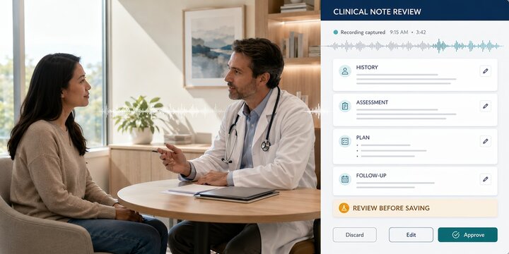 Male physician reviewing automated voice notes on an electronic health record system during patient consultation in clinic.