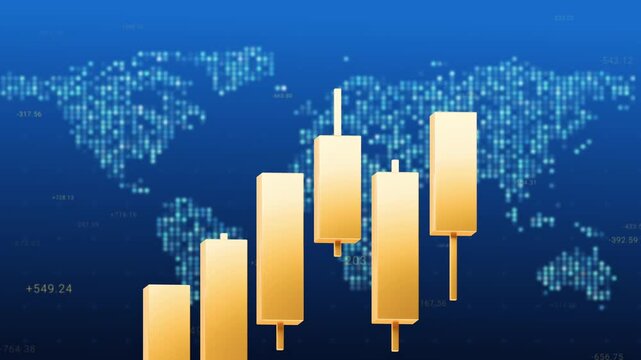Golden candlestick bar chart on world map background, gold trading investment strategy, bullrish commodities market price trend graph, uptrend financial economic growth trade profit 3d rendering