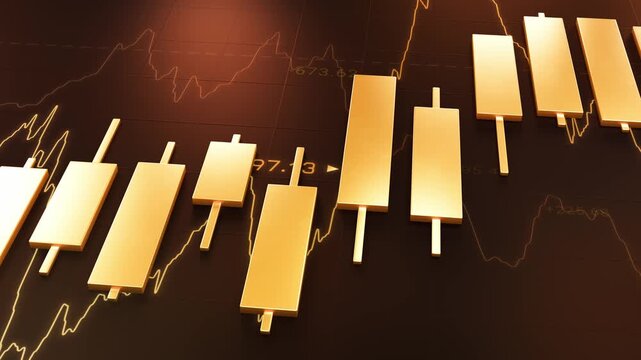 Golden candlestick bar floating with technical line chart, gold trading investment strategy, bullrish commodities market price trend graph, uptrend financial economic growth profit 3d rendering