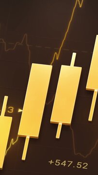 Golden candlestick bar floating with technical line chart, gold trading investment strategy, bullrish commodities market price trend graph, uptrend financial economic growth profit 3d rendering