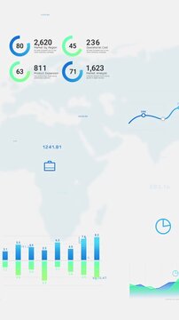 Business intelligence and financial performance analysis report on world map, random animated infographic bar chart, investment data analytic graph dashboard, corporate finance market statistics trend
