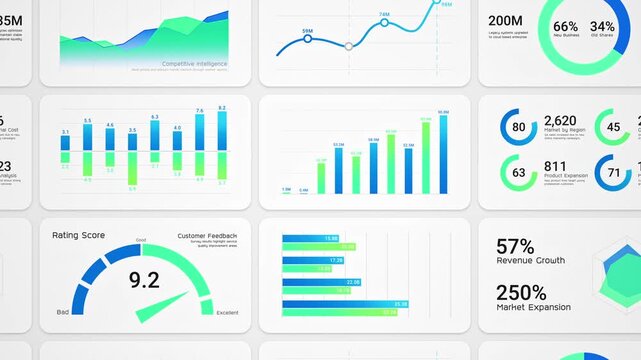 Business intelligence and financial performance analysis report on white background, animated infographic bar chart loop, investment data analytic graph dashboard, enterprise market statistics trend