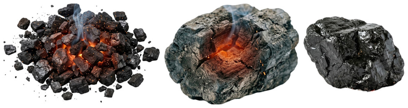 A collection of glowing coal pieces with ember details, ash, and faint smoke on a white background.