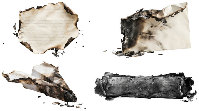 A set of burned paper items including an envelope, notebook sheet, scroll, and paper airplane with ash, soot, and singe damage.