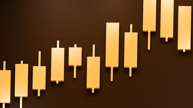 Golden candlestick bar chart, gold trading investment strategy, bullrish commodities market price trend graph, uptrend financial economic growth profit 3d rendering