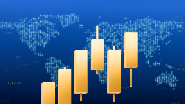 Golden candlestick bar chart on world map background, gold trading investment strategy, bullrish commodities market price trend graph, uptrend financial economic growth trade profit 3d rendering