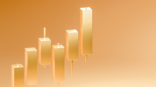 Golden candlestick bar chart with copy space, gold trading investment strategy, bullrish commodities market price trend graph, uptrend financial economic growth trade profit 3d rendering
