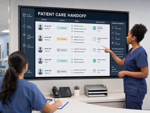 Nursing staff reviewing patient care handoff and hospital dashboard on a large display wall during shift change in a modern station