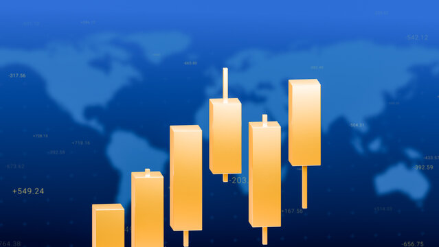 Golden candlestick bar chart on world map background, gold trading investment strategy, bullrish commodities market price trend graph, uptrend financial economic growth trade profit 3d rendering