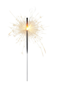 Isolated single handheld sparkling firework sparkler burning brightly with golden sparks radiating outward&nbsp;&nbsp;