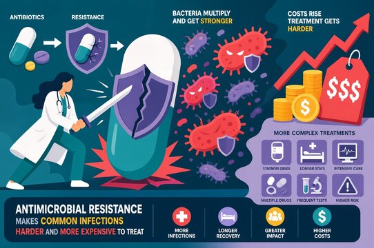 Antimicrobial Resistance Superbug Infection and Medical Cost Infographic Illustration