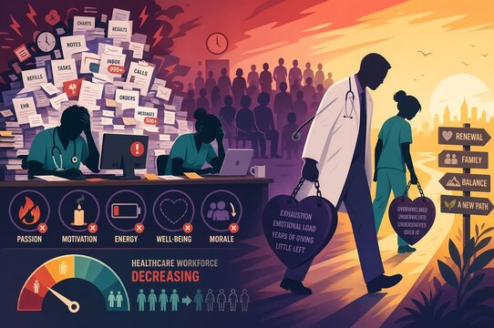 Healthcare Burnout Turnover and Staff Leaving Medical Profession Concept Illustration