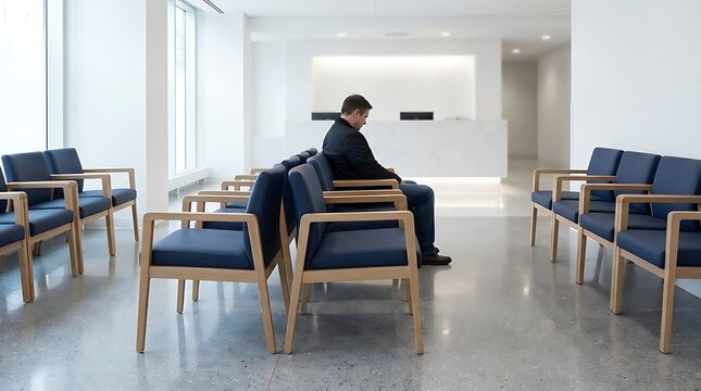 Man patiently waits in a modern, minimalist hospital or clinic waiting room, surrounded by empty chairs.