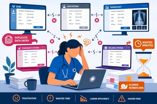 Hospital Disconnected Computer Systems Duplicate Data Entry and Healthcare Burnout Illustration