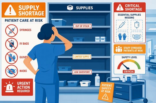 Hospital Supply Chain Crisis Medical Equipment Shortage and Patient Safety Risk Illustration