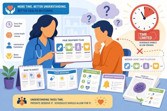 Patient Health Literacy Communication Barriers and Medical Time Constraints Illustration
