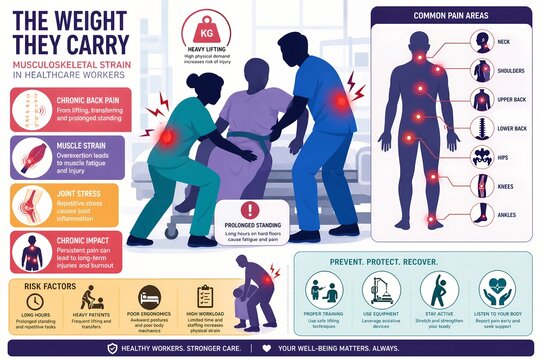 Healthcare Worker Musculoskeletal Strain and Ergonomic Injury Risk Illustration