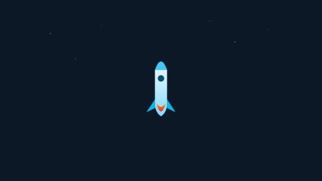 Minimalist rocket ship launching into space animation: flat concept for business growth, startup success, and innovation 4k