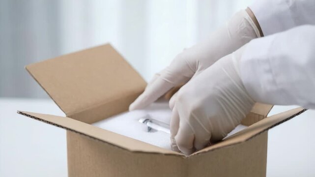 Medical worker unpacks syringe from protective packaging