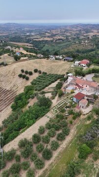 Scenic aerial drone view of green rolling hills and countryside houses nestled among olive trees in province of Teramo Abruzzo region landscape Italy.