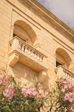 Valletta, Port Region, Malta - 14 July 2022: View of historic limestone building facade with traditional stone balconies and blooming oleander flowers in the foreground.
