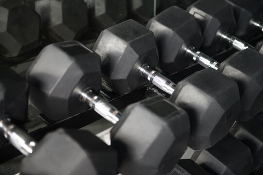 Rows Of Dumbbells In The Gym