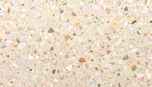 Terrazzo stone texture featuring a light beige concrete background with colorful natural stone fragments in a smooth polished surface pattern
