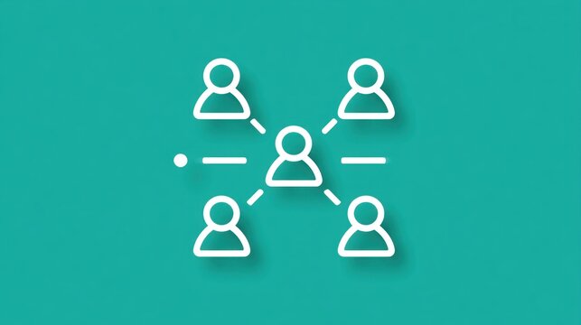 A green and white icon depicting a network of people connected by lines, set against a teal background.