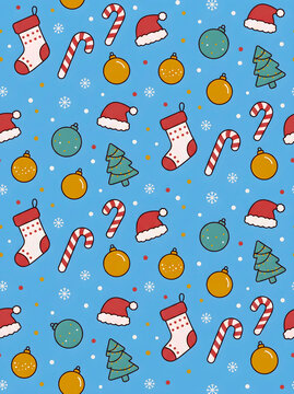 Seamless flat vector pattern featuring scattered Christmas icons including stockings, candy canes, Santa hats and ornaments in a modern muted palette