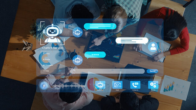 Modern AI chatbot service dashboard featuring 24 7 automated AI support, voice recognition, and omnichannel NLP AI communication. Customer experience, CRM, ask digital AI helpdesk technology. Corpus