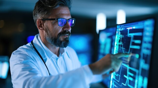 A man in a lab coat and glasses, working at a computer in a dark, industrial setting.