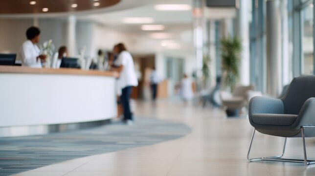 Medium shot of ambulatory surgery center lobby with patient checking in early main focus on receptionist desk while chairs and decor softly blurred.