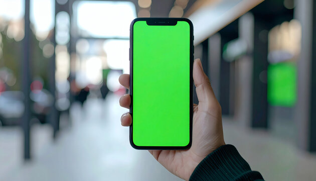 Smartphone with green screen held in hand by a person walking through a modern urban city shopping center blurred background